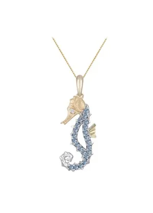 14k 2/tone Single Sea Horse Pendant with Diamond and 22 Pastel Blue Sapphires