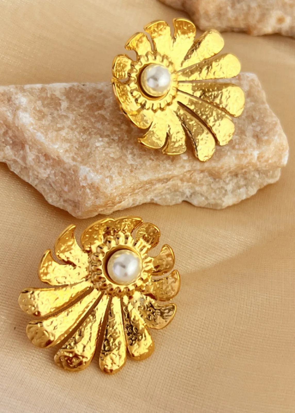 14K Gold Plate Floral Pearl Stud Earrings