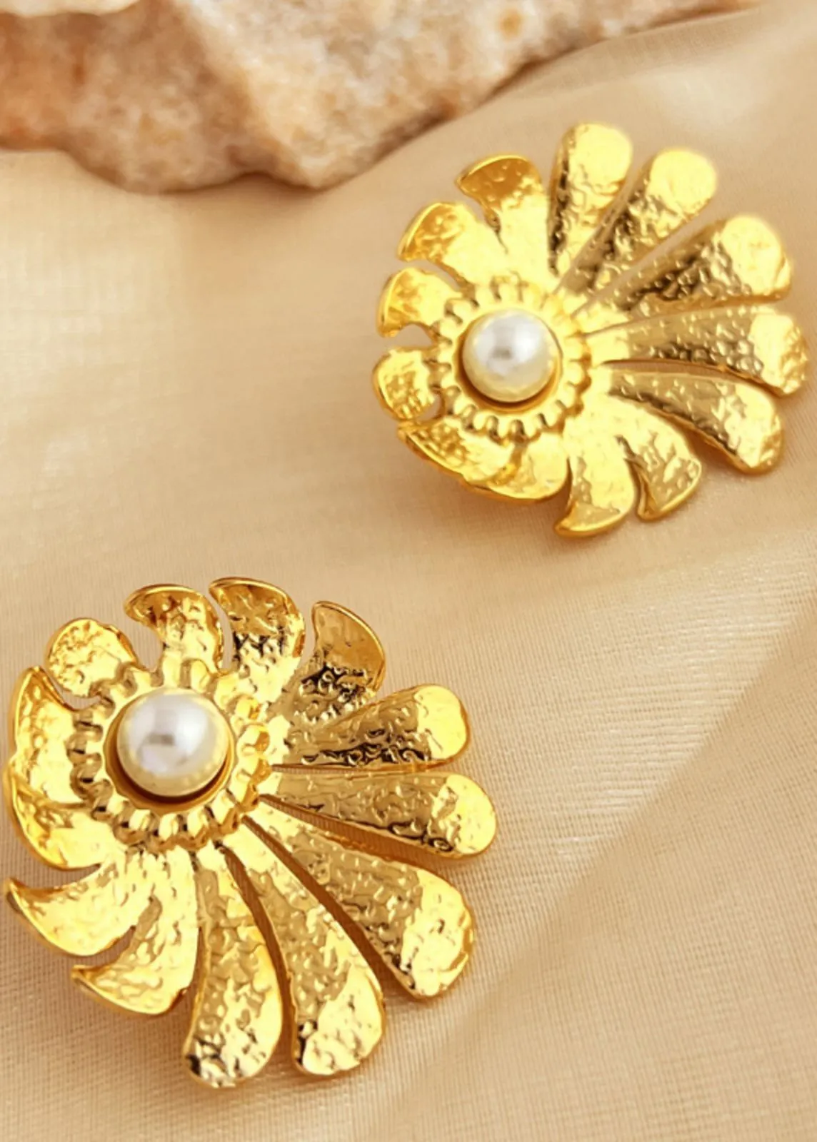 14K Gold Plate Floral Pearl Stud Earrings