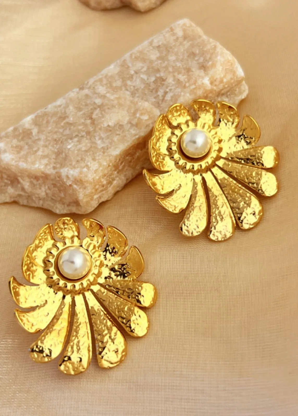 14K Gold Plate Floral Pearl Stud Earrings
