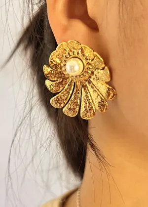 14K Gold Plate Floral Pearl Stud Earrings