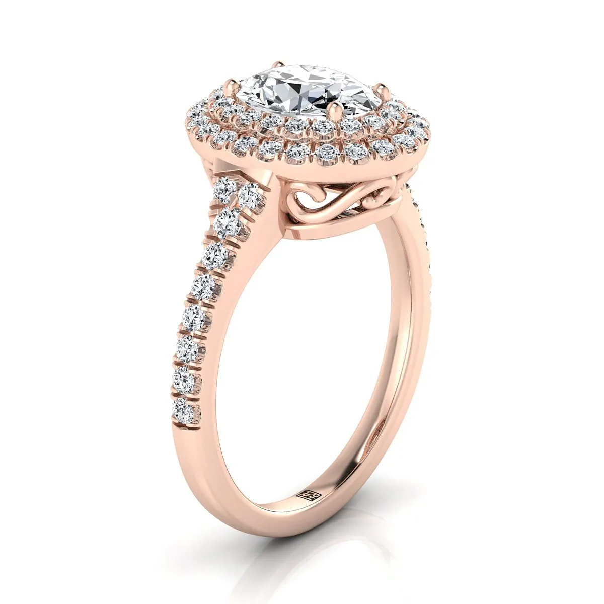 14K Rose Gold Oval Peridot Double Halo with Scalloped Pavé Diamond Engagement Ring -1/2ctw