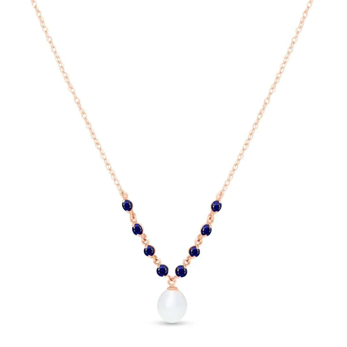 14K Solid Rose Gold Necklace w/ Natural Sapphires & Pearl