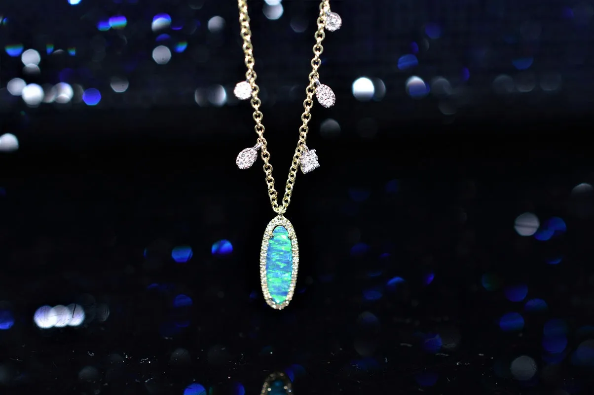 14K Yellow Gold Adjustable Opal and Diamond Pendant