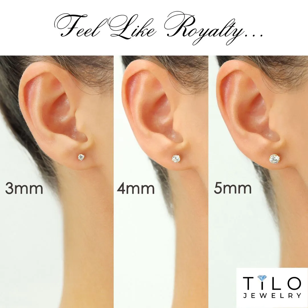 14K Yellow Gold and White Gold Zirconia Stud Earrings, Silicone Push-back, Unisex