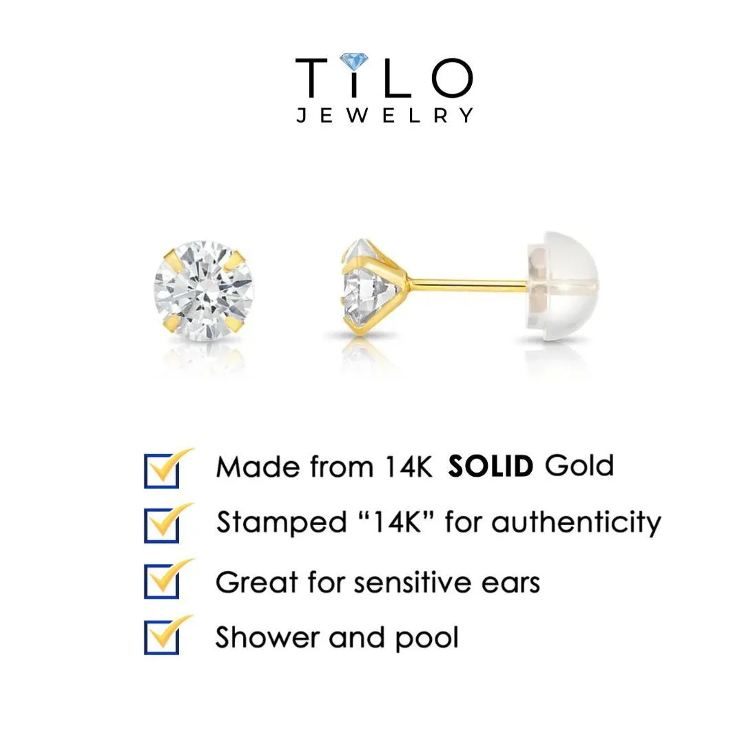14K Yellow Gold and White Gold Zirconia Stud Earrings, Silicone Push-back, Unisex
