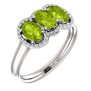 14KT Gold 1.65 CTW Peridot & .10 CTW Diamond 3 Stone Halo Ring