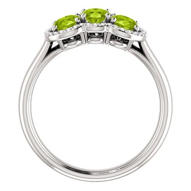 14KT Gold 1.65 CTW Peridot & .10 CTW Diamond 3 Stone Halo Ring