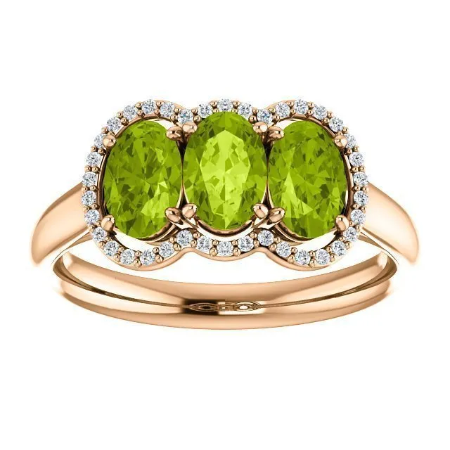 14KT Gold 1.65 CTW Peridot & .10 CTW Diamond 3 Stone Halo Ring