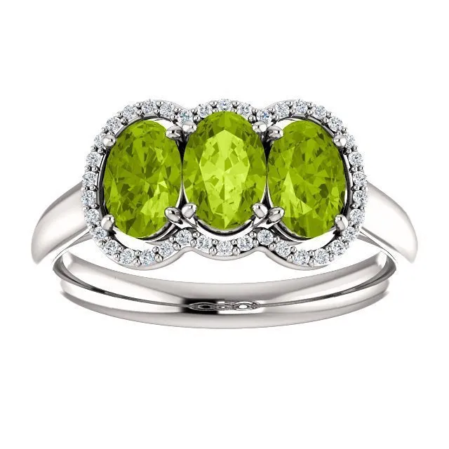 14KT Gold 1.65 CTW Peridot & .10 CTW Diamond 3 Stone Halo Ring