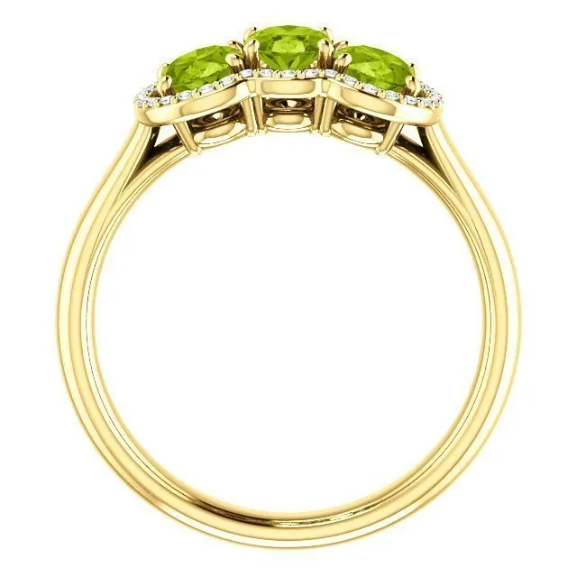 14KT Gold 1.65 CTW Peridot & .10 CTW Diamond 3 Stone Halo Ring