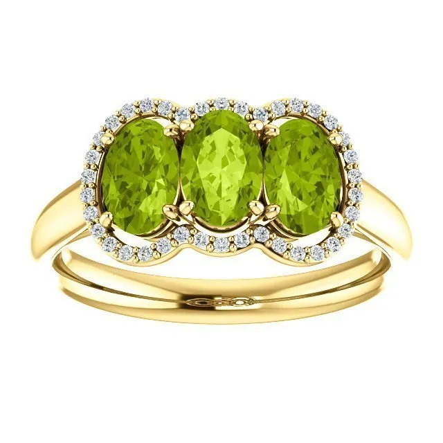 14KT Gold 1.65 CTW Peridot & .10 CTW Diamond 3 Stone Halo Ring