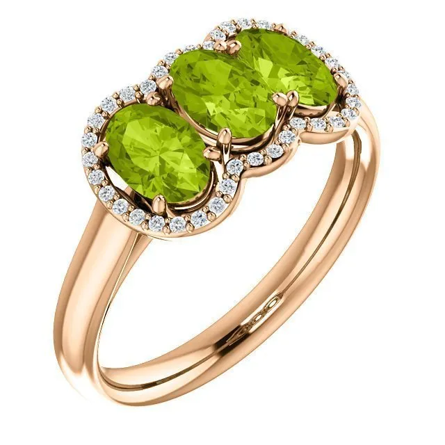 14KT Gold 1.65 CTW Peridot & .10 CTW Diamond 3 Stone Halo Ring