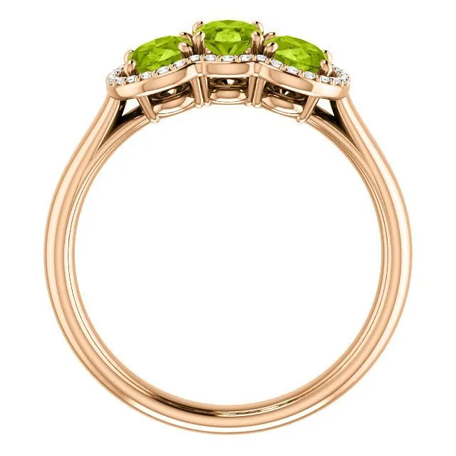 14KT Gold 1.65 CTW Peridot & .10 CTW Diamond 3 Stone Halo Ring