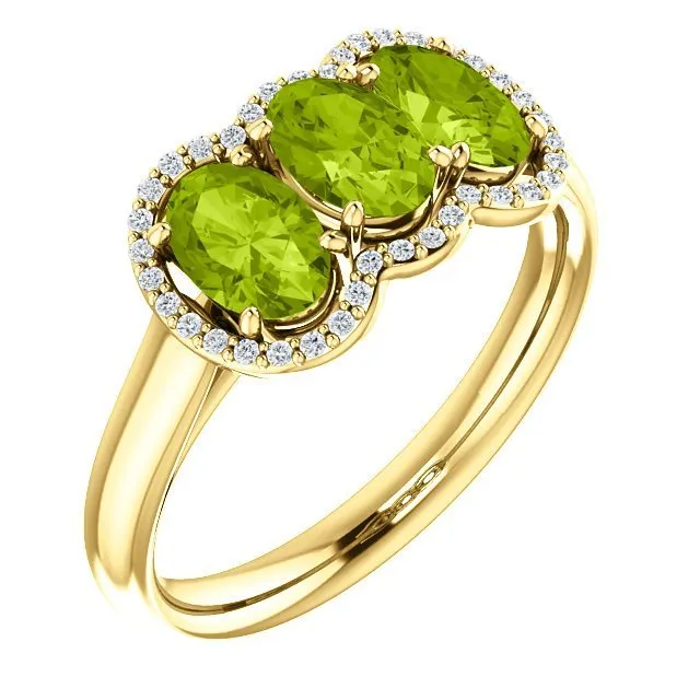 14KT Gold 1.65 CTW Peridot & .10 CTW Diamond 3 Stone Halo Ring