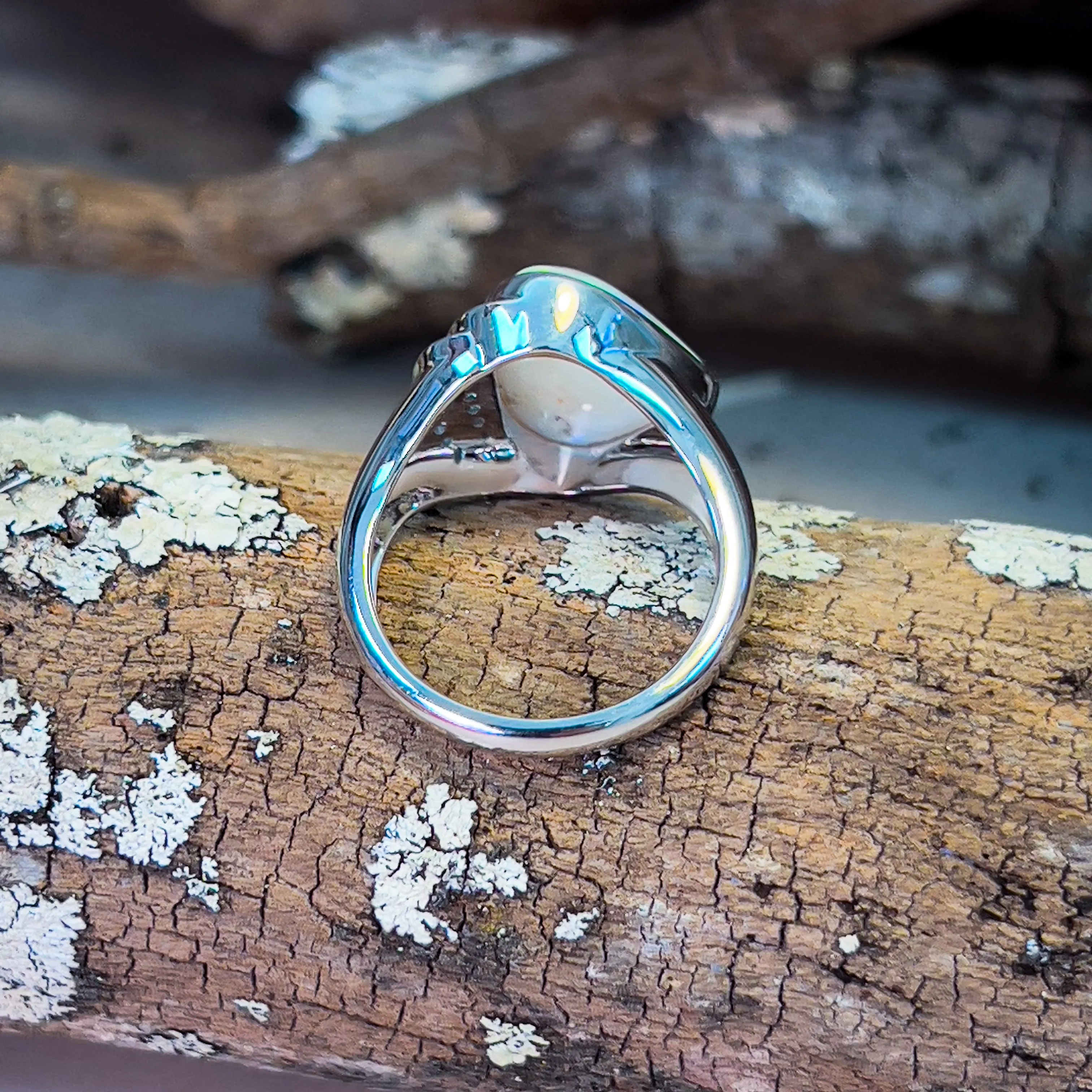 14kt White Gold Light Opal triangular and double row diamond ring