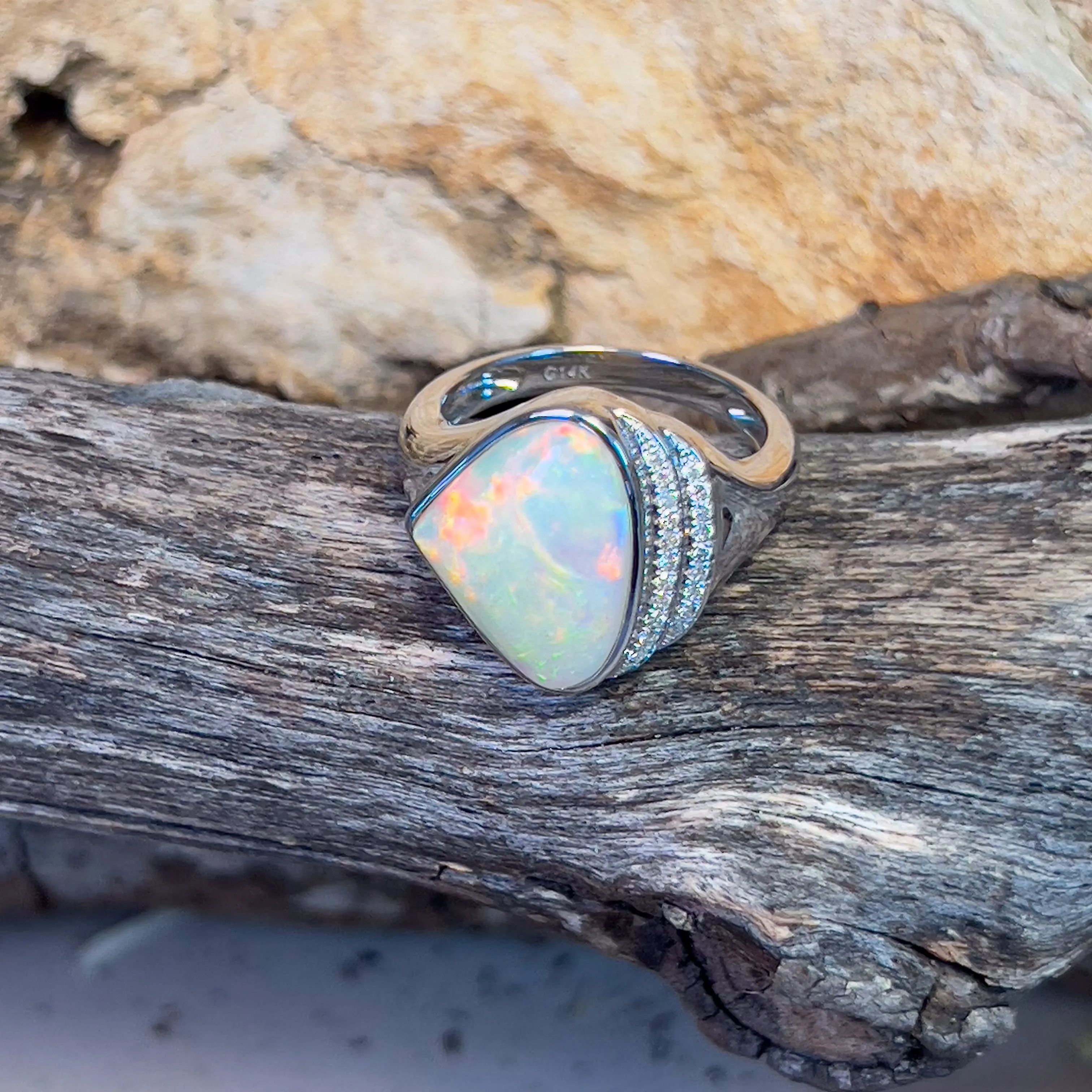 14kt White Gold Light Opal triangular and double row diamond ring