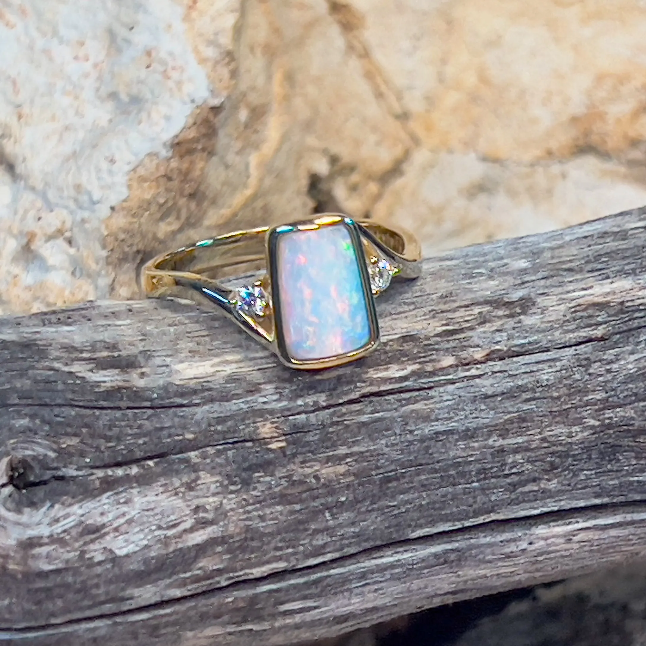 14kt Yellow Gold and rectangular White Opal and diamond ring