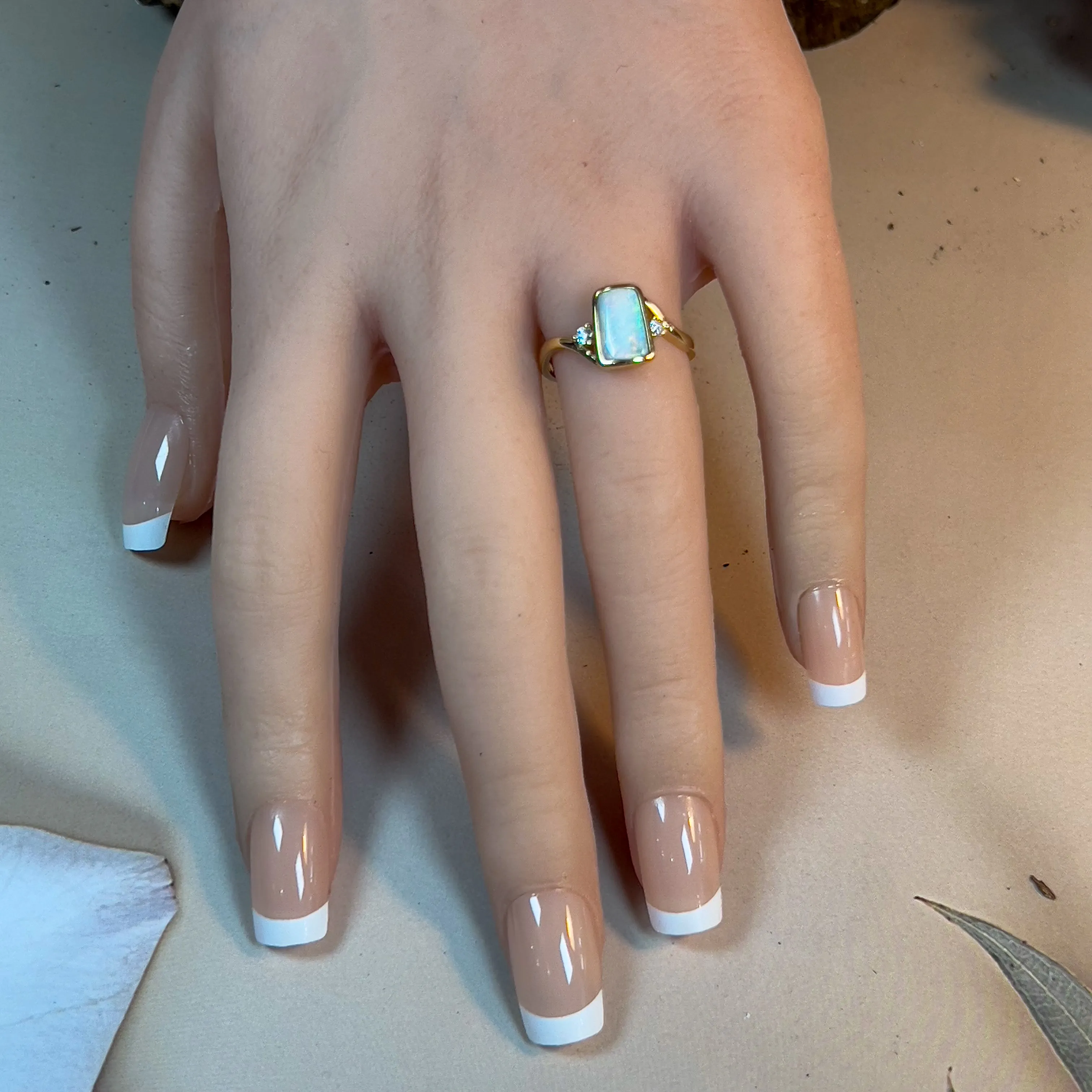 14kt Yellow Gold and rectangular White Opal and diamond ring