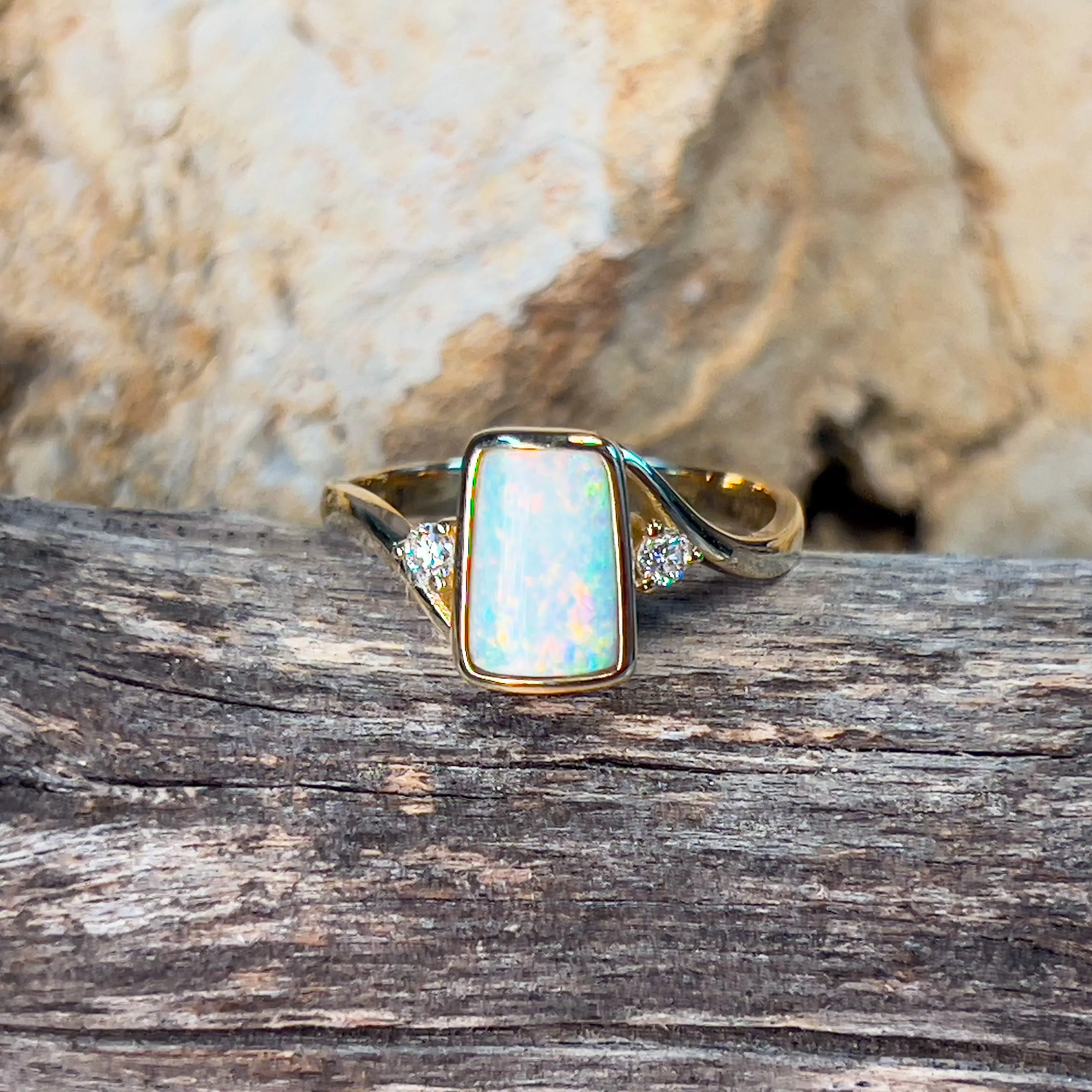 14kt Yellow Gold and rectangular White Opal and diamond ring