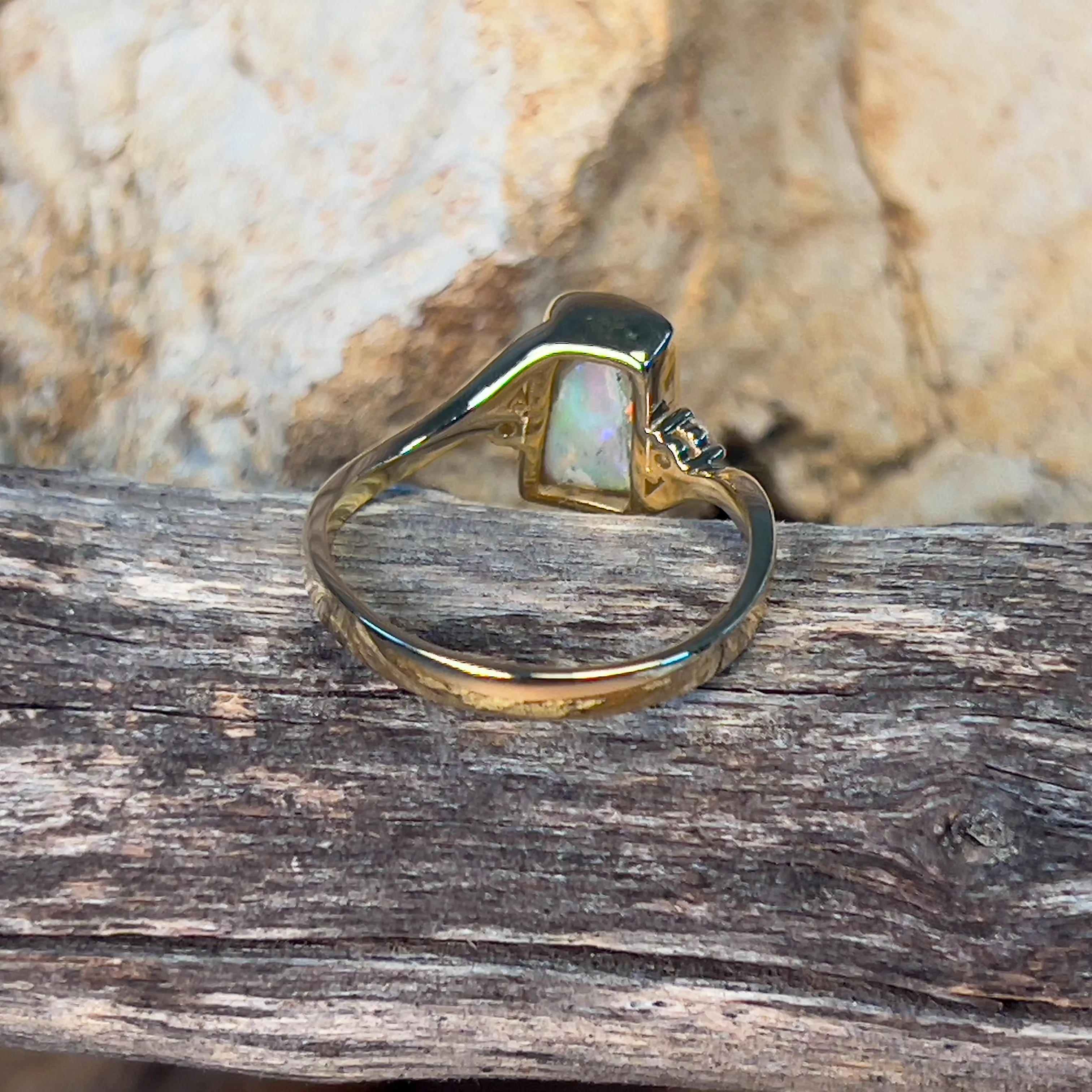 14kt Yellow Gold and rectangular White Opal and diamond ring