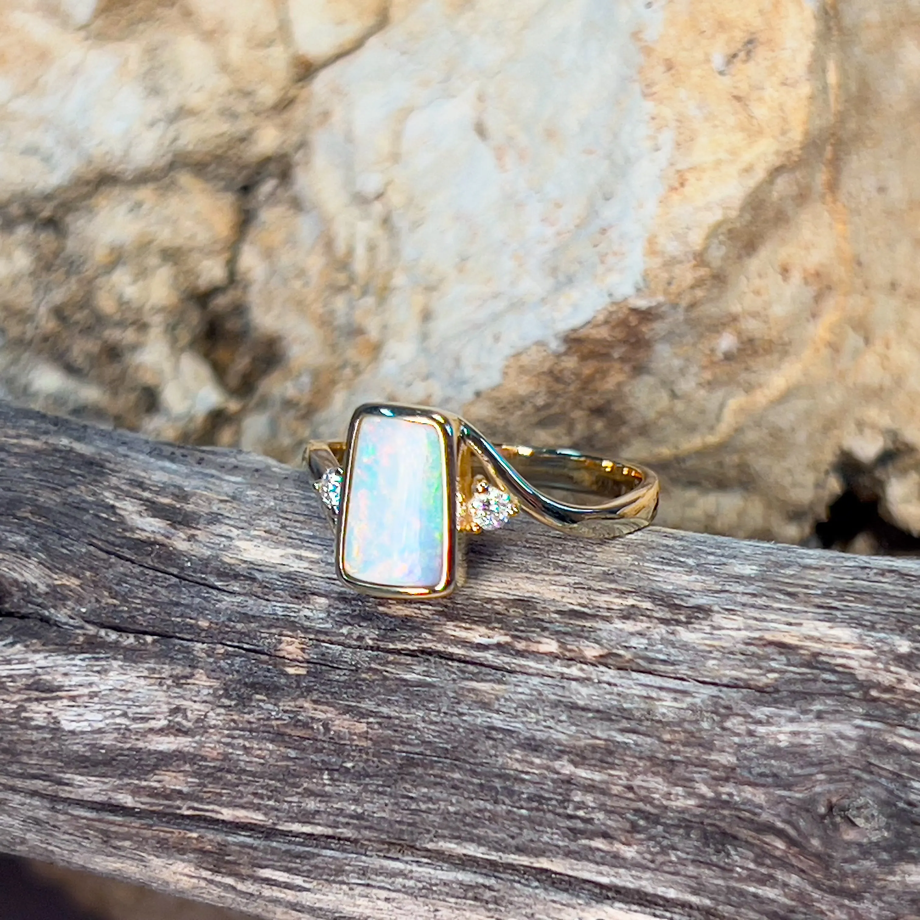 14kt Yellow Gold and rectangular White Opal and diamond ring