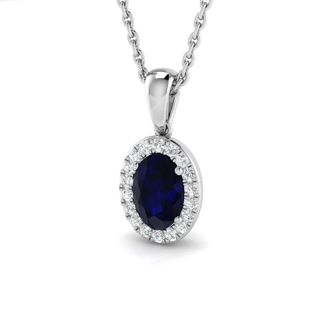 18ct White Gold 0.59ct Oval Cut Blue Sapphire And 0.08ct Diamond Halo Necklace