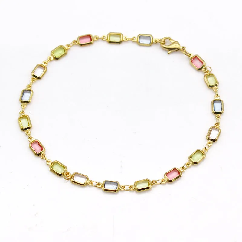 18K Gold Filled High Polish Finsh Gold and Multi Color Light Color Crystal Baguette Anklet