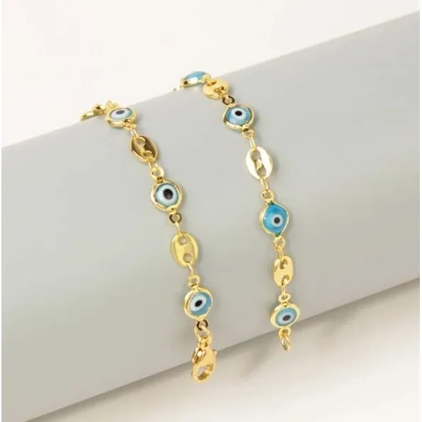 18K Gold Plated Mariner Light Blue Evil Eye Crystal Anklet