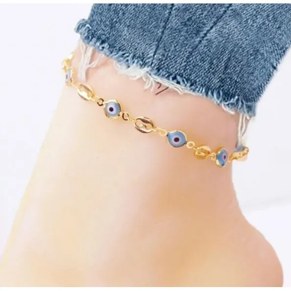 18K Gold Plated Mariner Light Blue Evil Eye Crystal Anklet