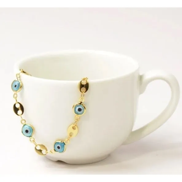 18K Gold Plated Mariner Light Blue Evil Eye Crystal Anklet
