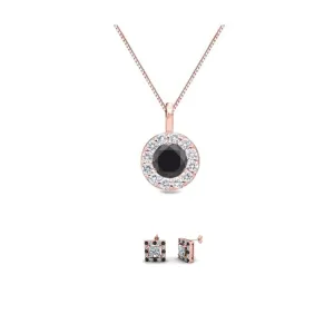 18K Rose Gold 1ct Halo Black Sapphire Round 18 Inch Necklace and Halo Square Earrings Set Plated