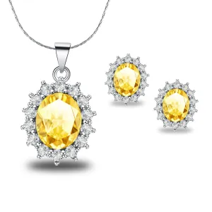 18K White Gold Created Citrine Round 3 Carat Oval Necklace Plated 18 inch