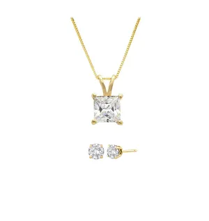 18K Yellow Gold 4ct White Sapphire Princess Cut 18 Inch Necklace and Round Earrings Set Plated