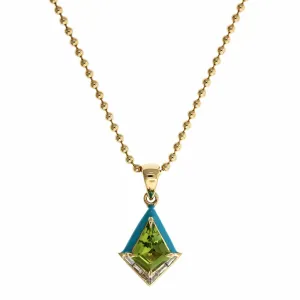 18K Yellow Gold Peridot Blue Enamel Stud Pendant