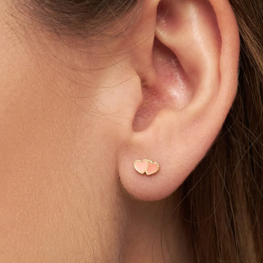 2Hearts earring 1 pcs gold plated - Burnt Coral-Orange Coral