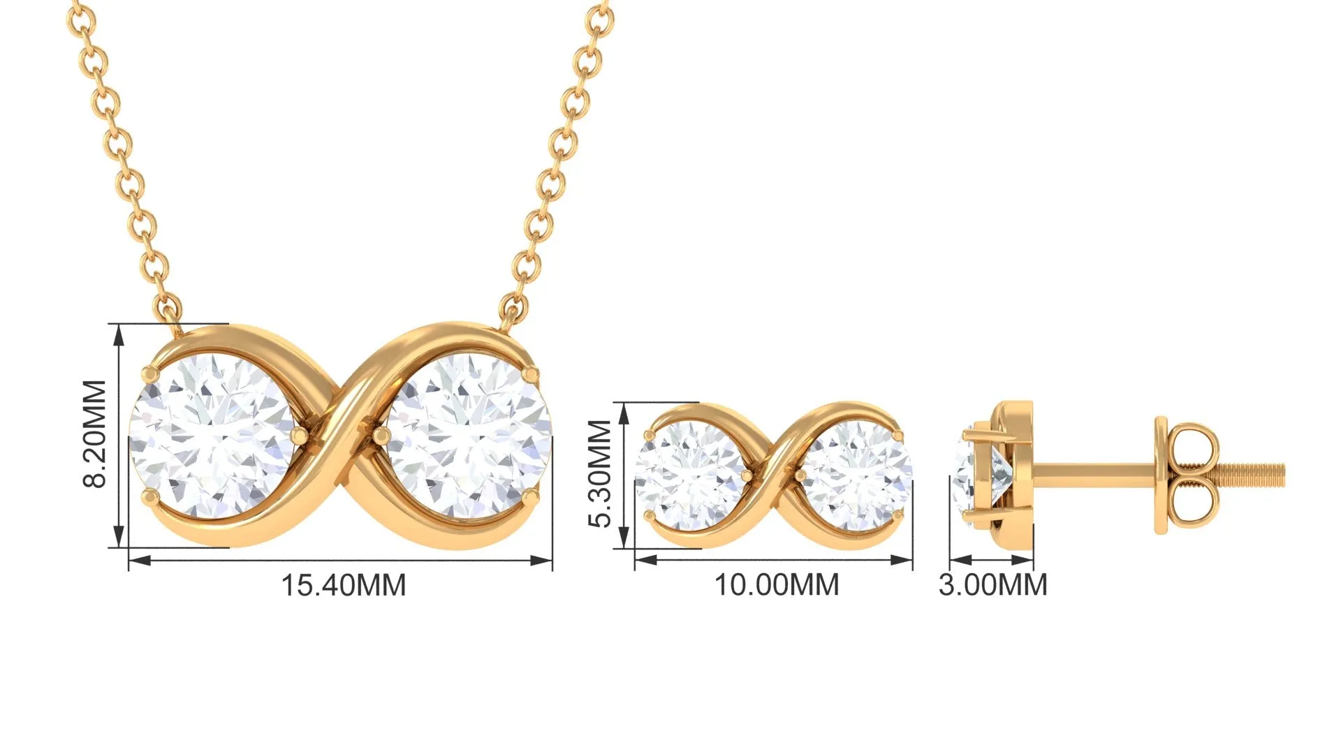 3 CT Round Cut Zircon Two Stone Infinity Necklace Earrings Set