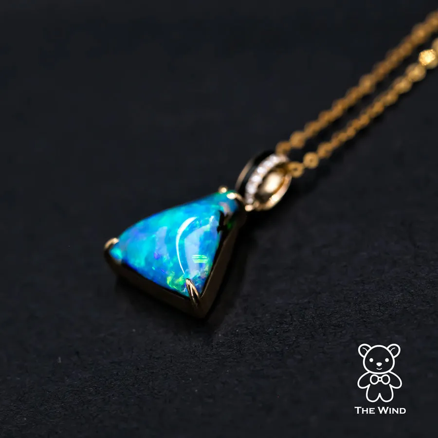 3.84ct Vivid Blue Australian Boulder Opal Diamond & Agate Pendant Necklace 18K Yellow Gold