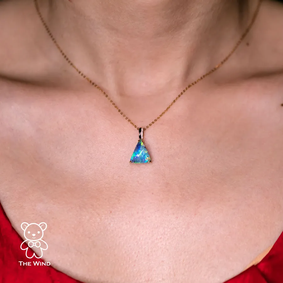 3.84ct Vivid Blue Australian Boulder Opal Diamond & Agate Pendant Necklace 18K Yellow Gold