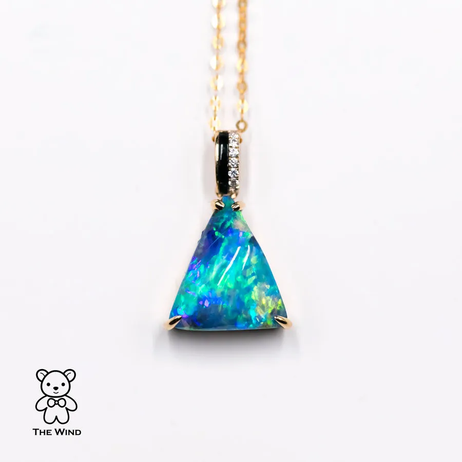 3.84ct Vivid Blue Australian Boulder Opal Diamond & Agate Pendant Necklace 18K Yellow Gold