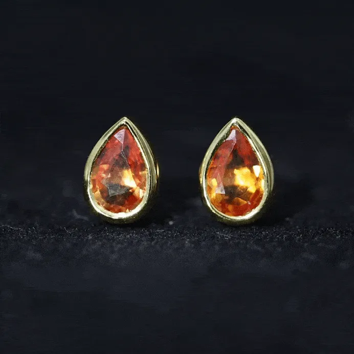 4X6 MM Pear Cut Orange Sapphire Solitaire Stud Earrings in Bezel Setting