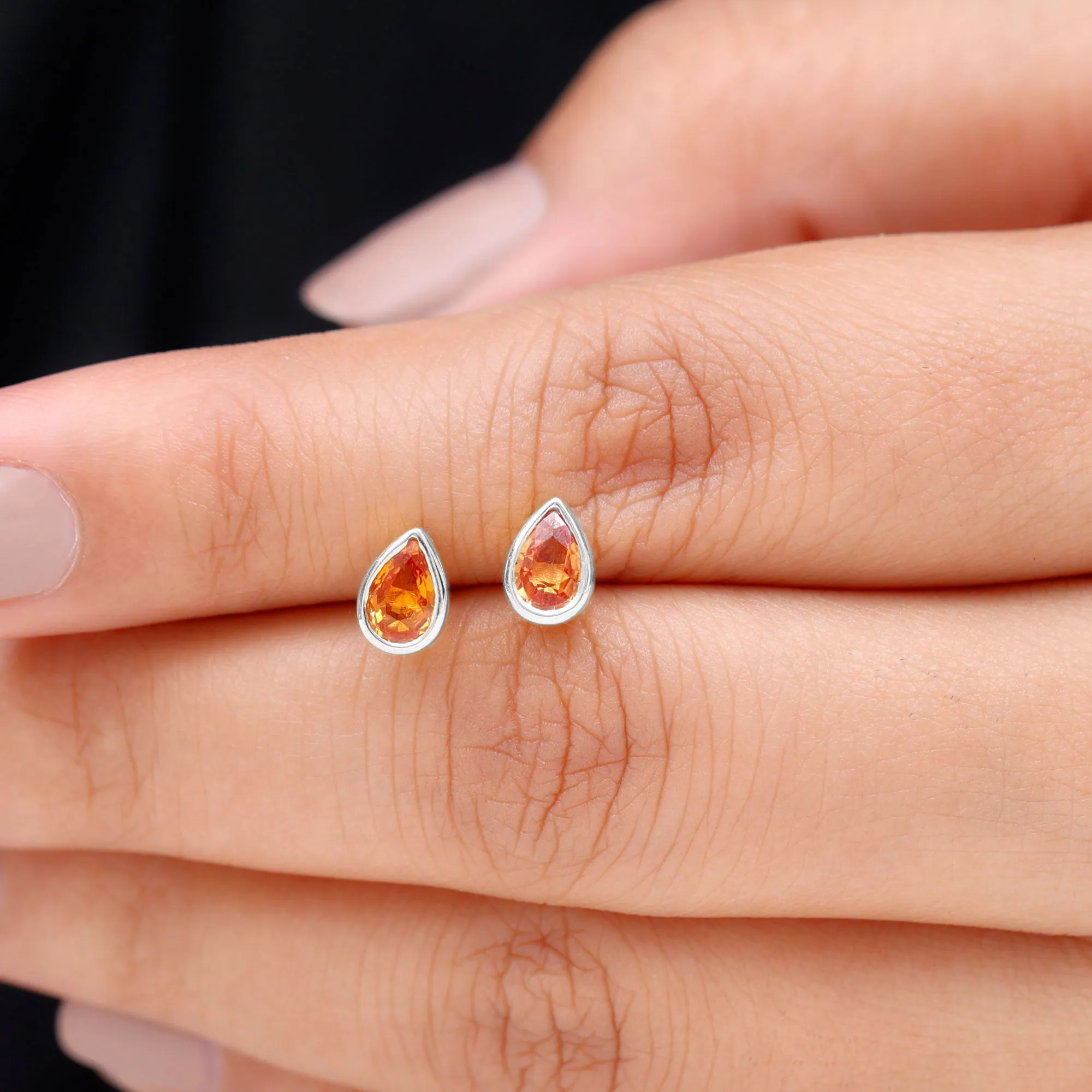 4X6 MM Pear Cut Orange Sapphire Solitaire Stud Earrings in Bezel Setting