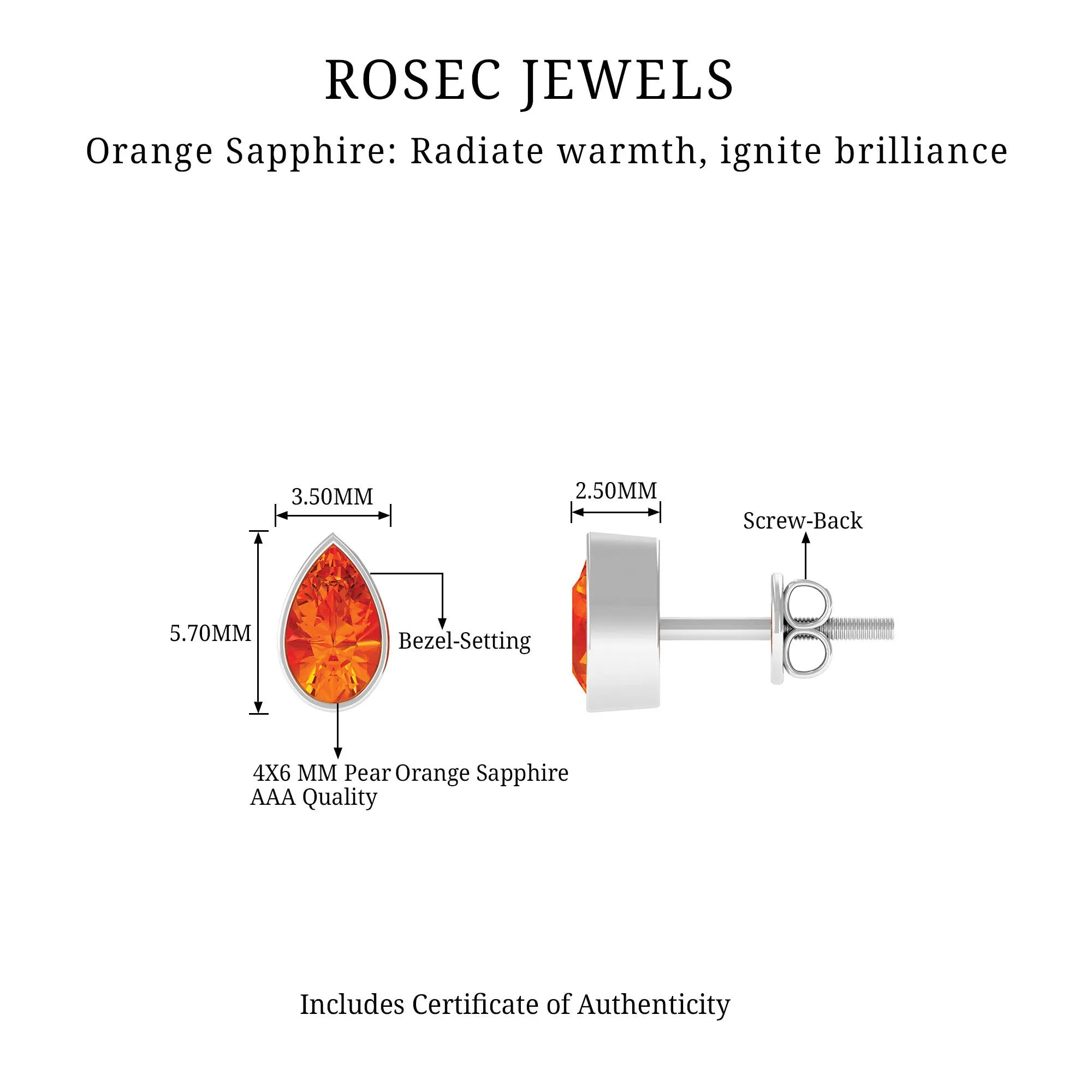 4X6 MM Pear Cut Orange Sapphire Solitaire Stud Earrings in Bezel Setting