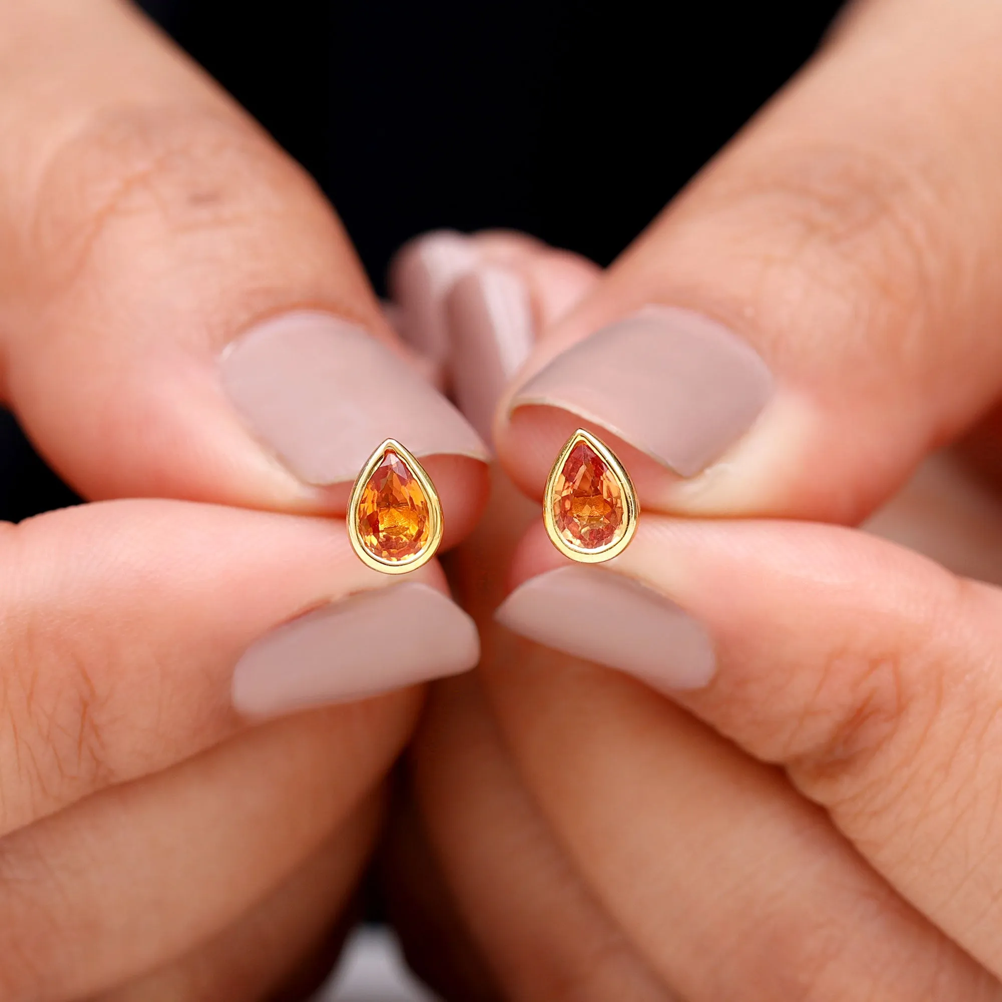 4X6 MM Pear Cut Orange Sapphire Solitaire Stud Earrings in Bezel Setting