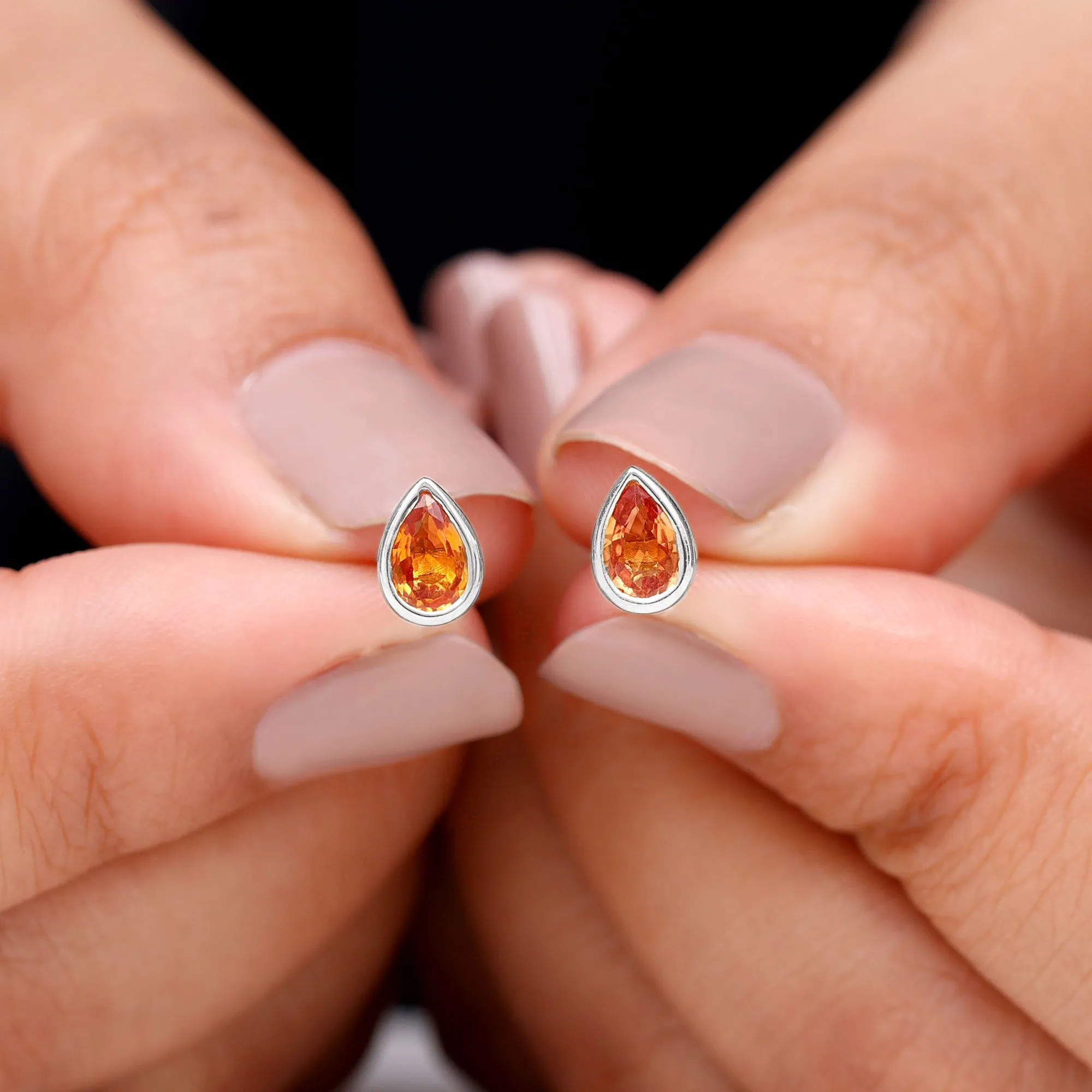4X6 MM Pear Cut Orange Sapphire Solitaire Stud Earrings in Bezel Setting
