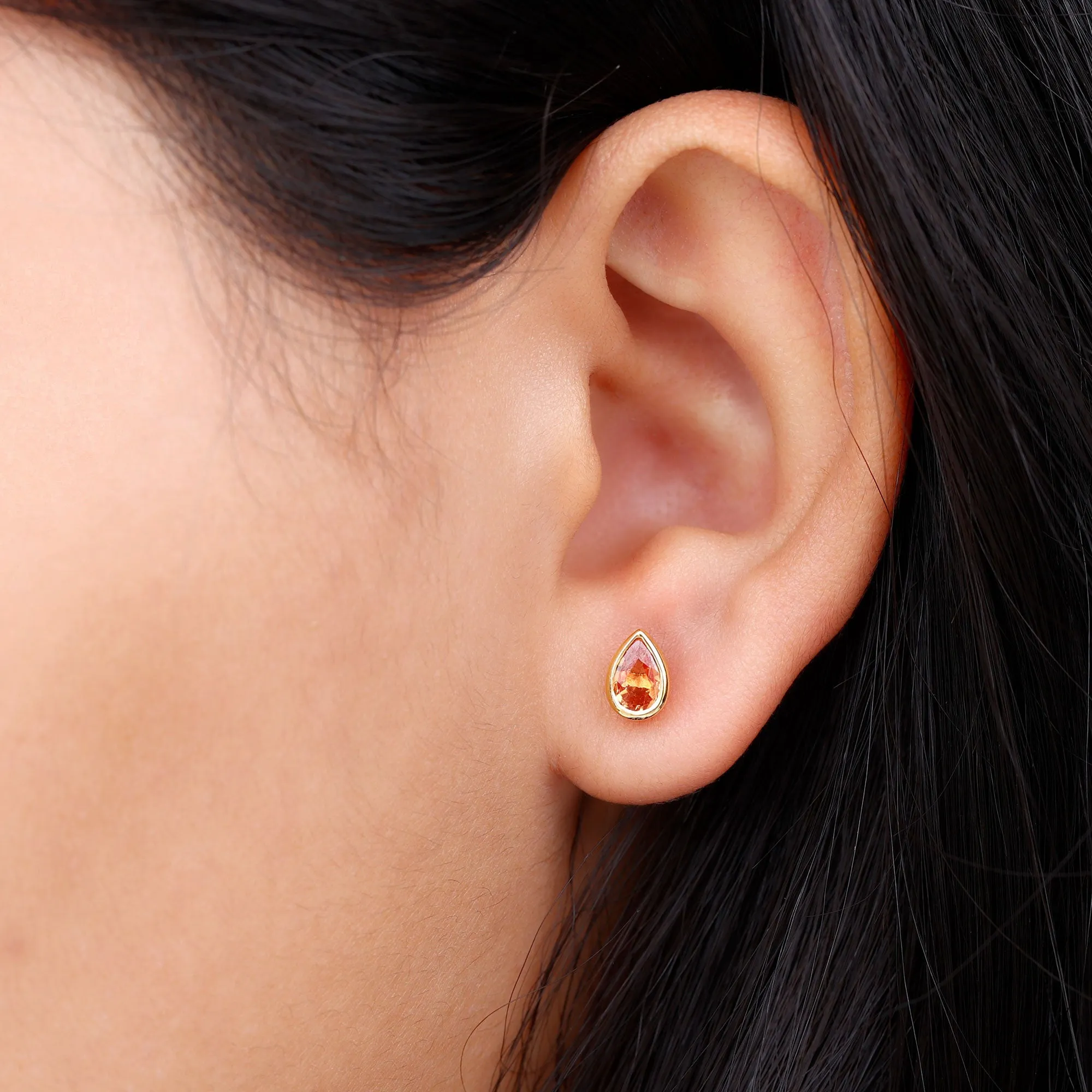 4X6 MM Pear Cut Orange Sapphire Solitaire Stud Earrings in Bezel Setting