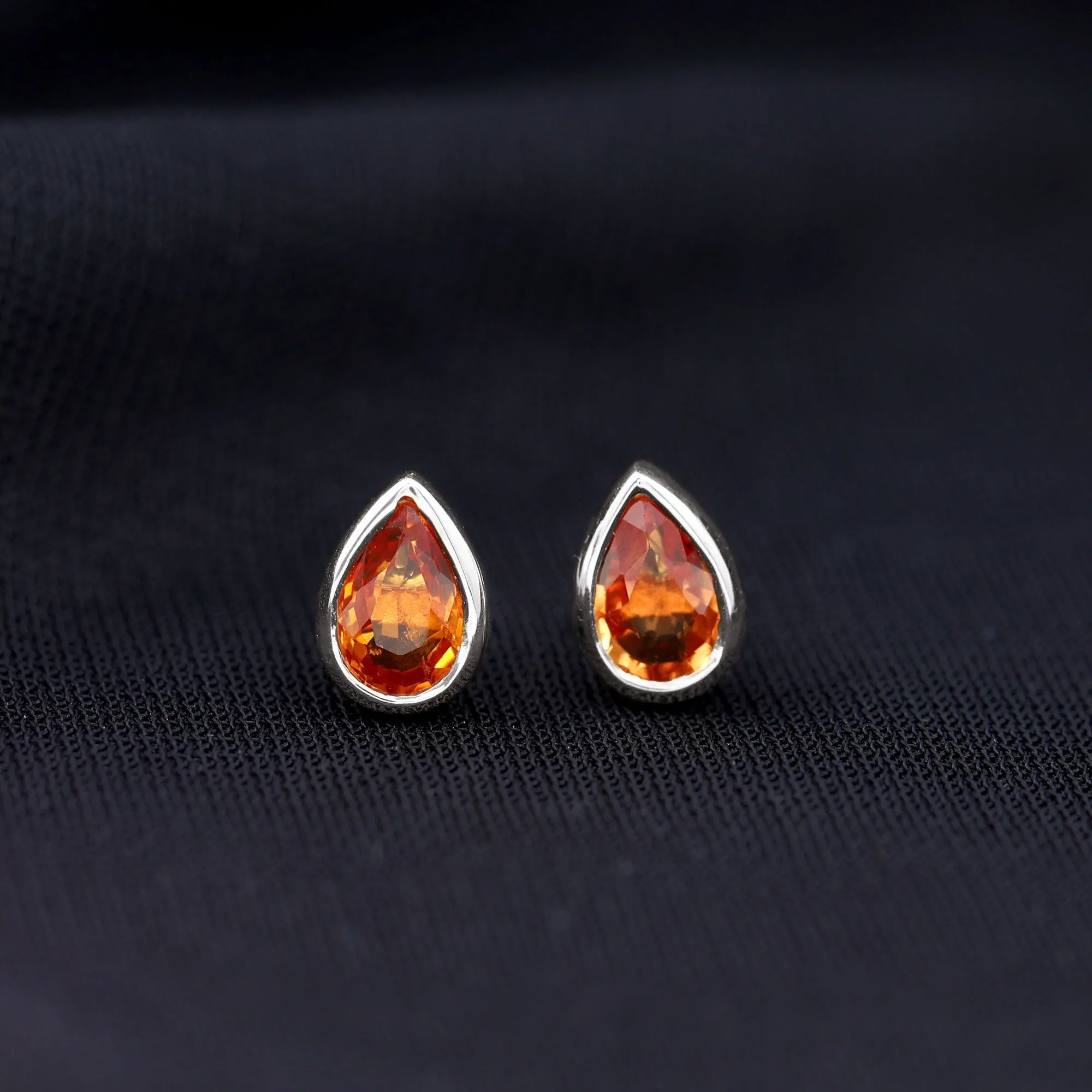 4X6 MM Pear Cut Orange Sapphire Solitaire Stud Earrings in Bezel Setting
