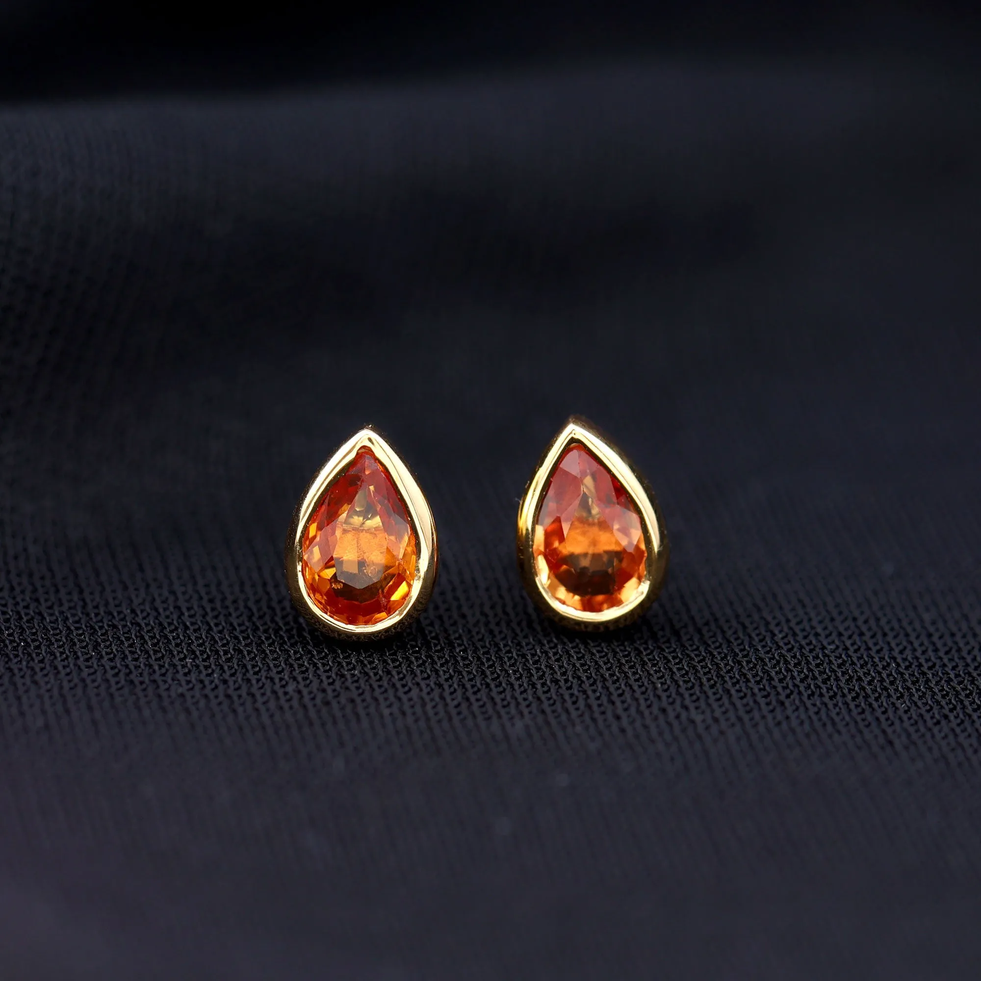 4X6 MM Pear Cut Orange Sapphire Solitaire Stud Earrings in Bezel Setting