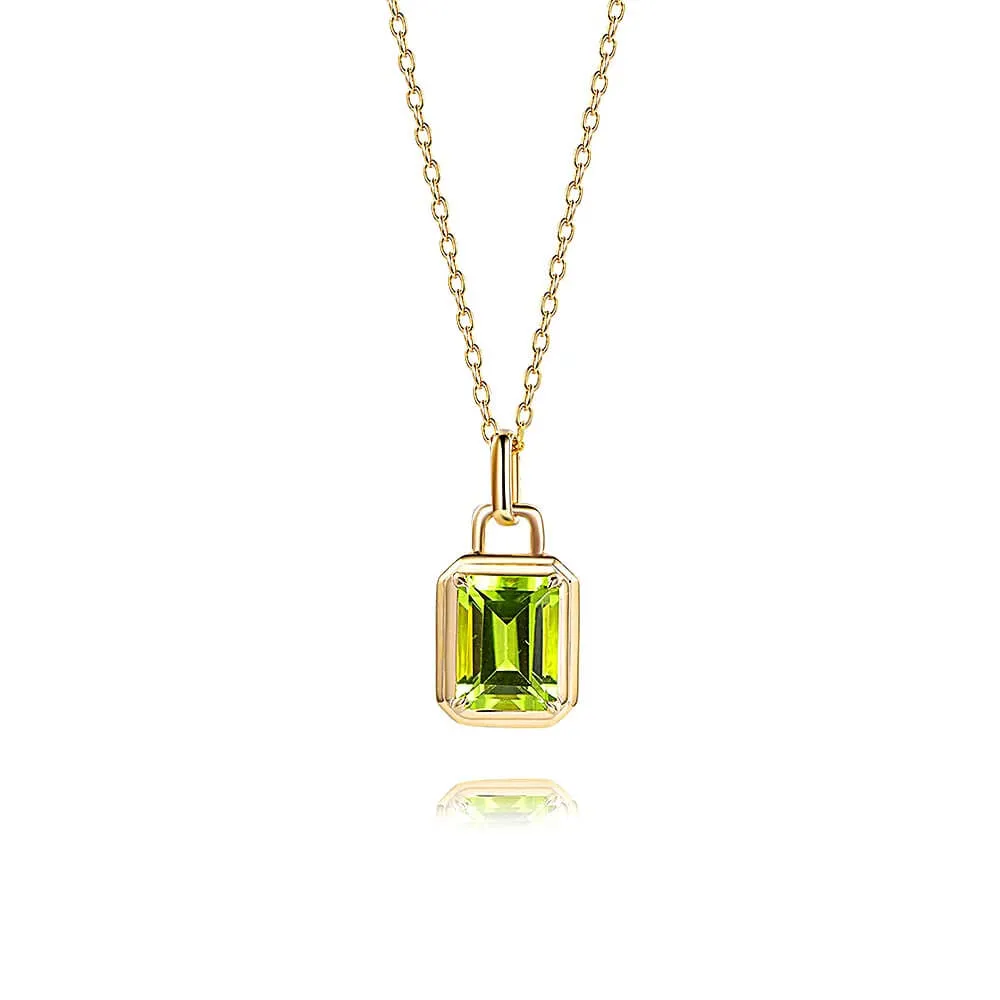925 Silver Gold Natural Peridot Square Pendant Necklace