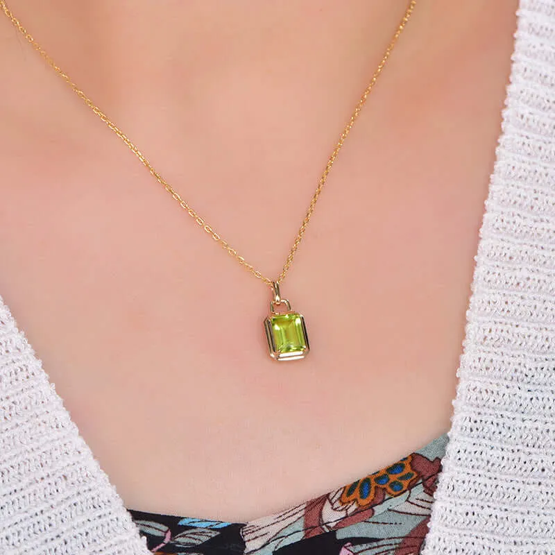925 Silver Gold Natural Peridot Square Pendant Necklace